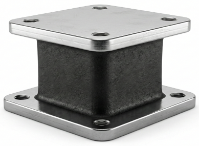 An industrial sandwich mount featuring a thick, square black rubber core bonded between two square steel mounting plates, each with four pre-drilled corner holes, isolated on a white background.